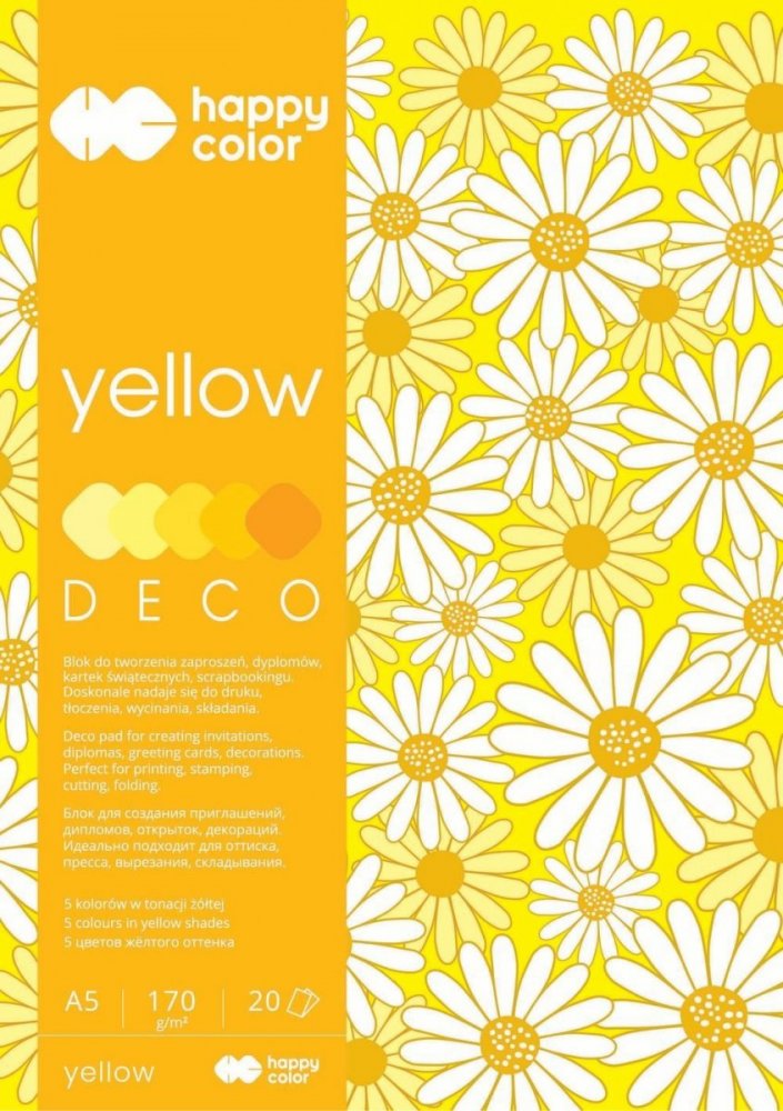 Blok Deco Yellow A5, 170g, 20 listů, 5 barev – žluté odstíny