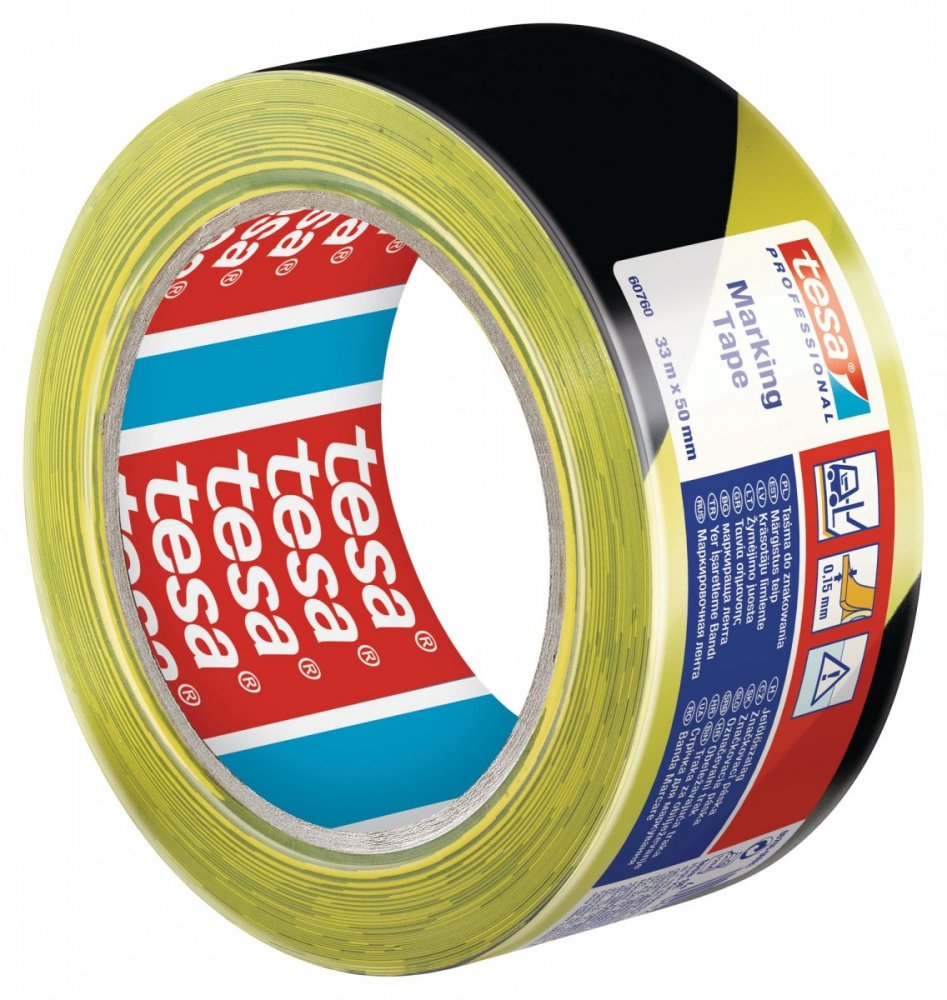 Vyznačovací páska PVC, Tesa, žlutočerné šrafování, 33m x 50mm