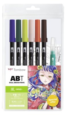 Tombow ABT sada oboustr. fixů 6ks + vodní štětec, Manga Wind